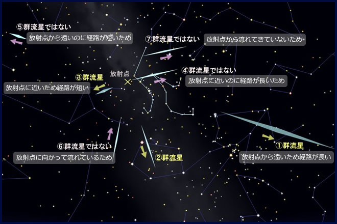 ペルセウス座流星群の流星かどうかを見分る方法を示した図